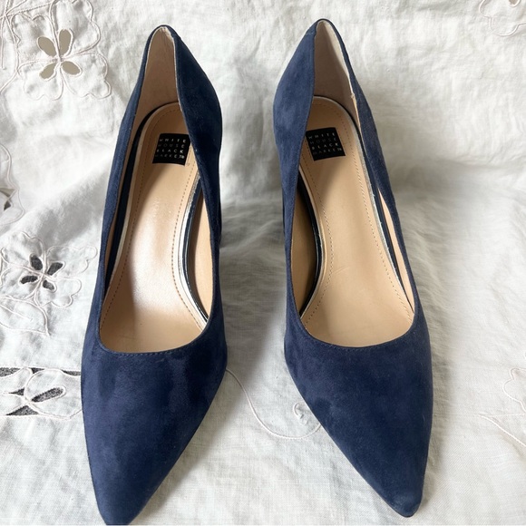 WHBM Elisa Officer Pumps Blue Suede Pointed Toe Heels - Picture 2 of 11